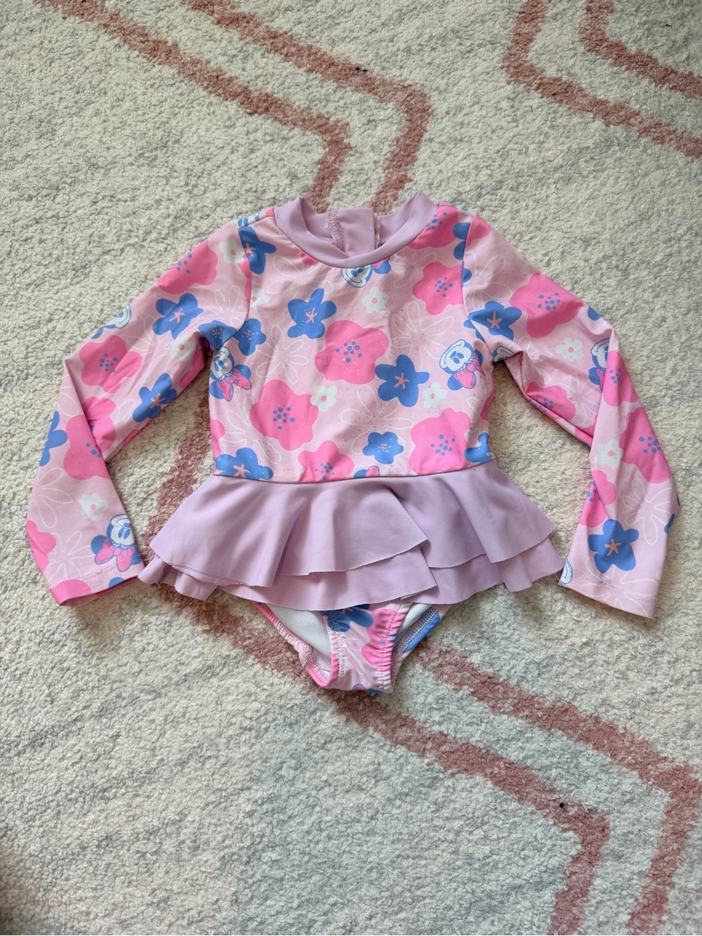 Disney Minnie Mouse Floral Long Sleeve Peplum Swimsuit 2T Pink Rash Guard